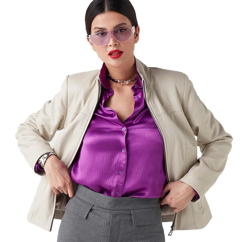 Women’s Real Beige Leather Classy Jacket