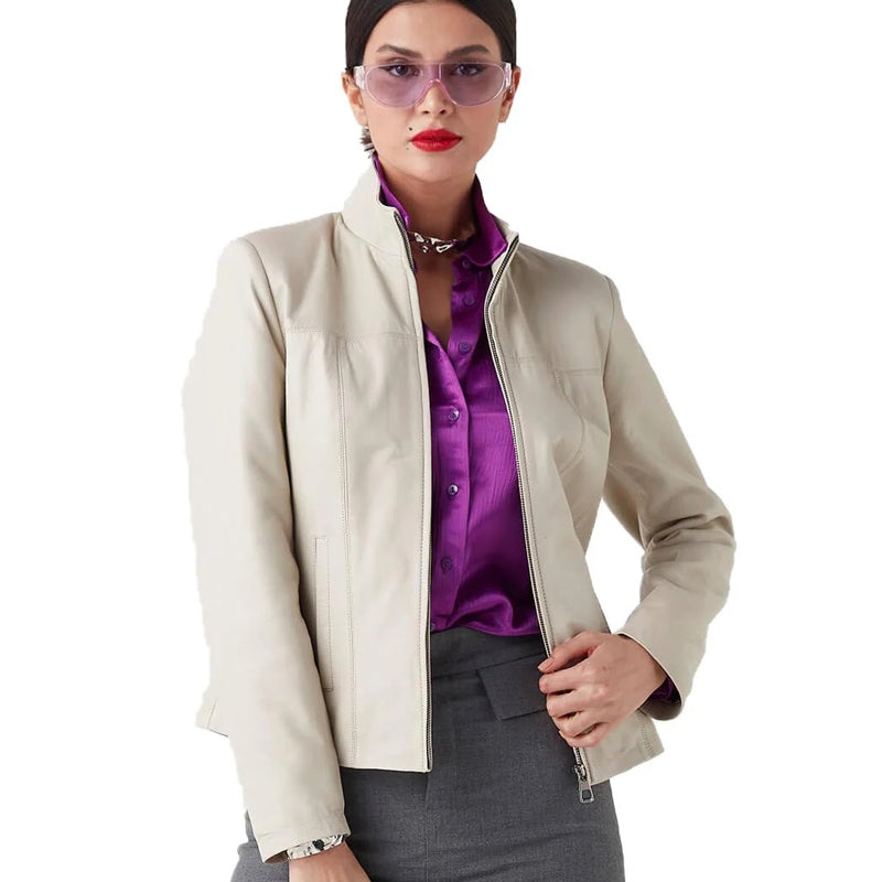 Women’s Real Beige Leather Classy Jacket