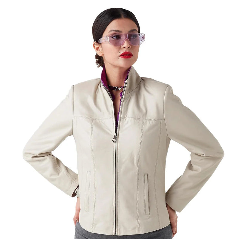 Women’s Real Beige Leather Classy Jacket