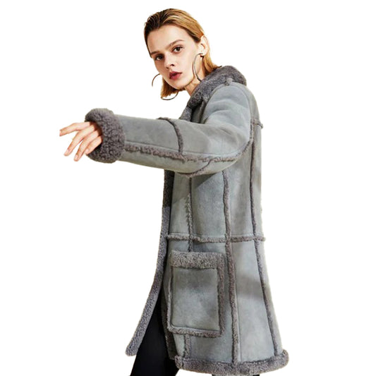 Womens Gray Sheepskin Shearling Jacket Coat