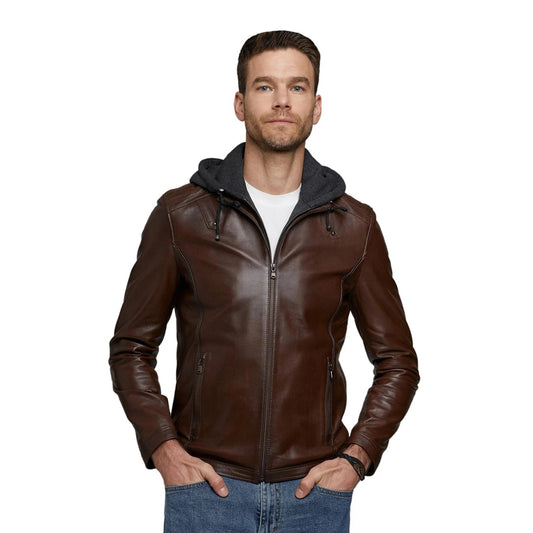 Men’s Real Brown Leather Hooded Jacket