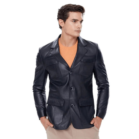 Men’s Real Black Leather Blazer Coat