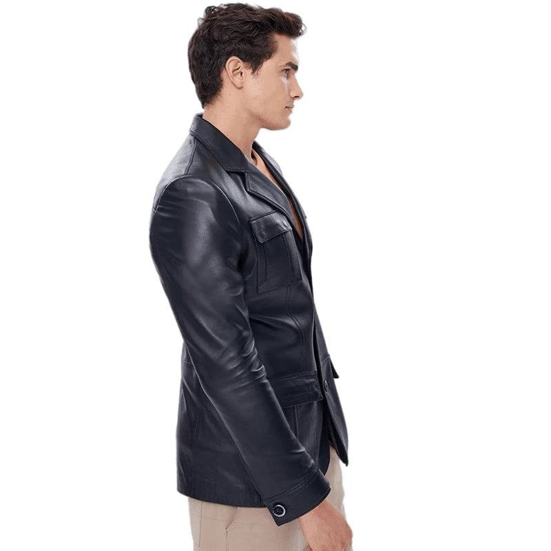 Men’s Real Black Leather Blazer Coat