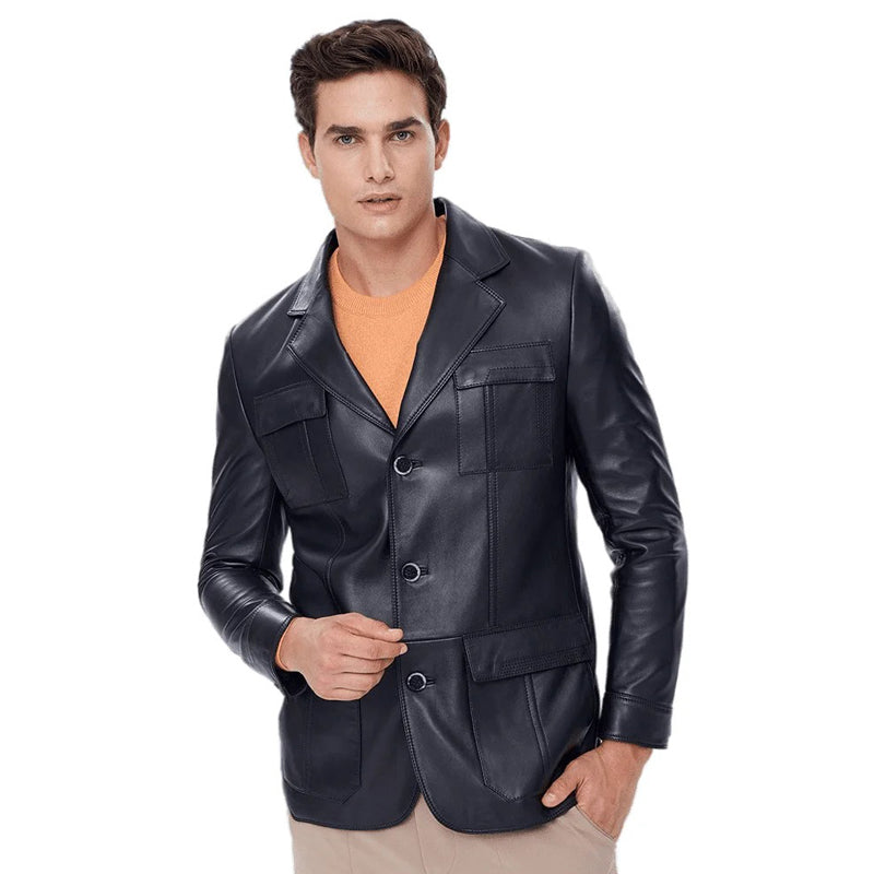 Men’s Real Black Leather Blazer Coat