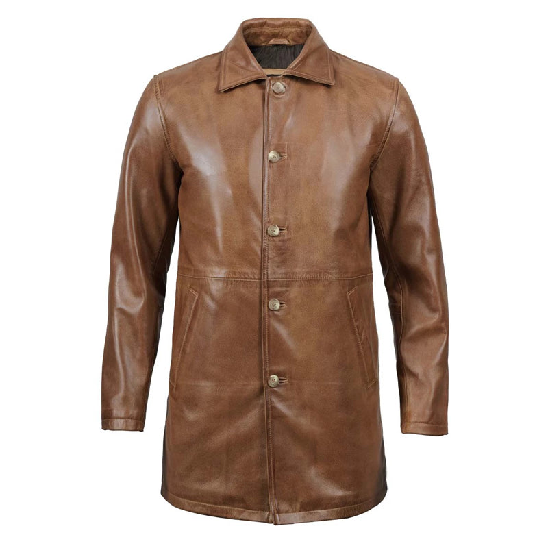 Men’s Real Leather Camel Brown 3 4 Length Car Coat