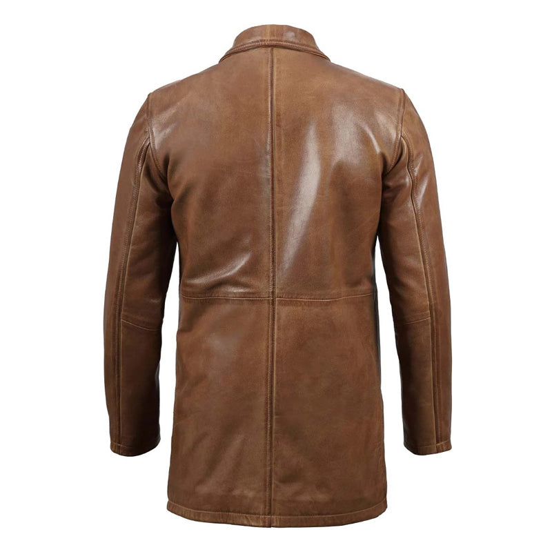 Men’s Real Leather Camel Brown 3 4 Length Car Coat