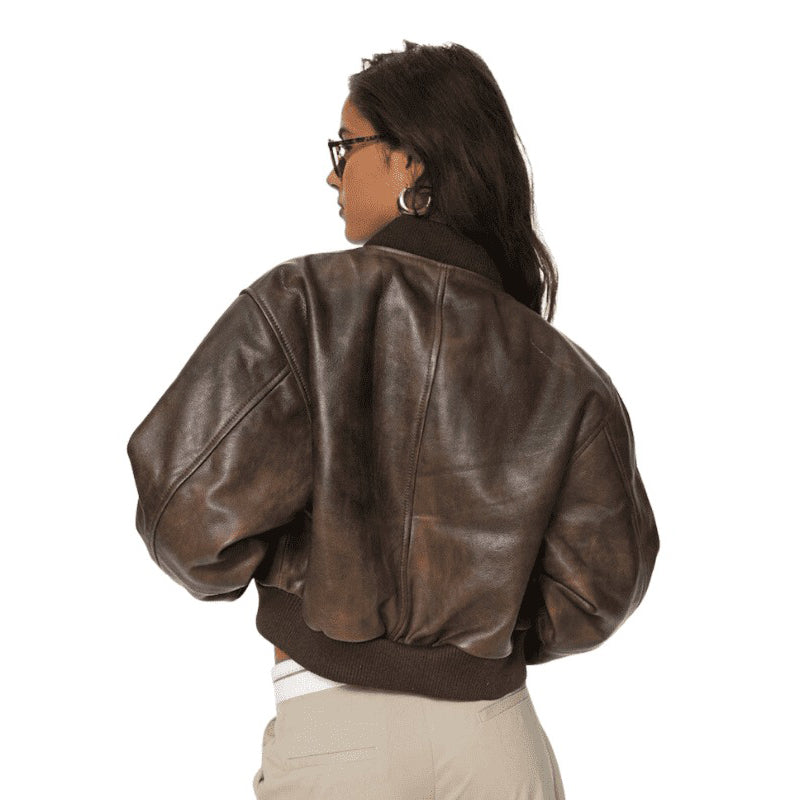 Ladies Brown Bomber Leather Jacket