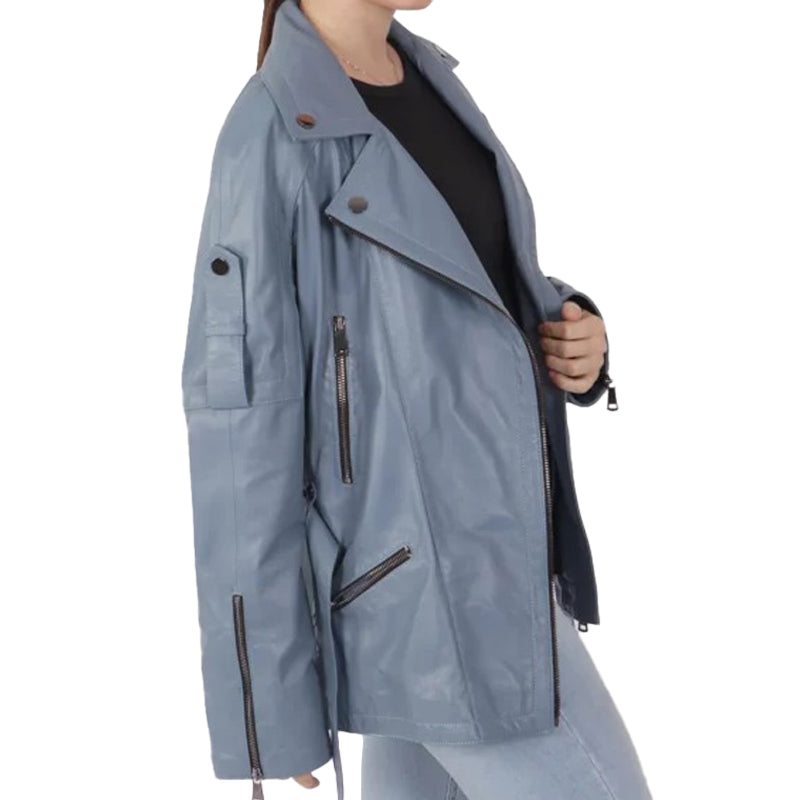 Women’s Blue Biker Leather Jacket