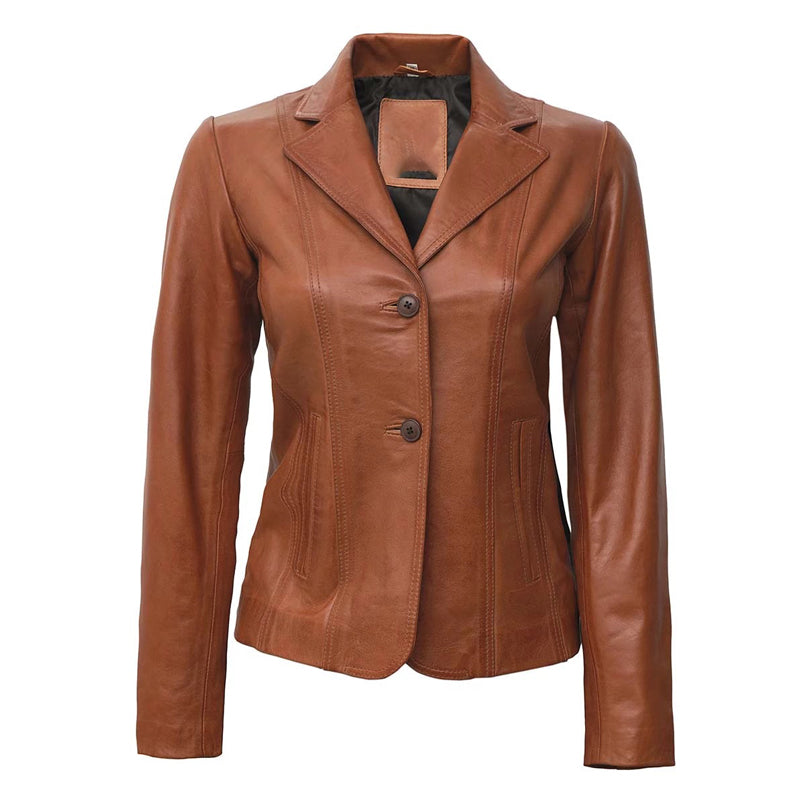 Women's Two Button Tan Leather Blazer Jacket