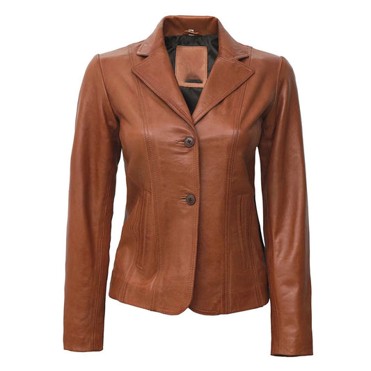 Women's Two Button Tan Leather Blazer Jacket