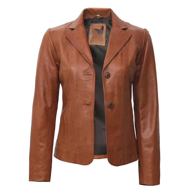 Women’s Two Button Tan Leather Blazer Jacket
