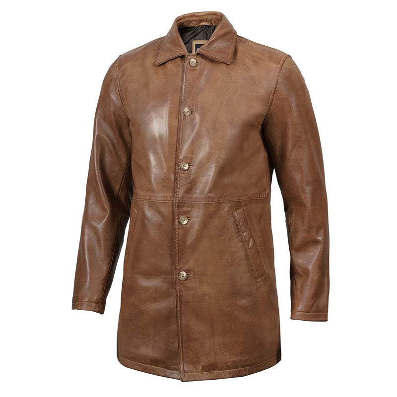 Men’s Real Leather Camel Brown 3 4 Length Car Coat