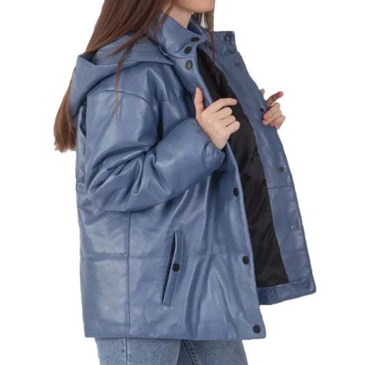 Women’s Blue Hooded Leather Jacket