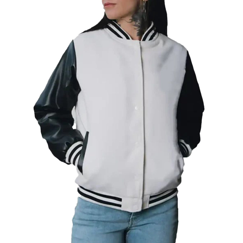 Women’s Black and White Leather Varsity Jacket