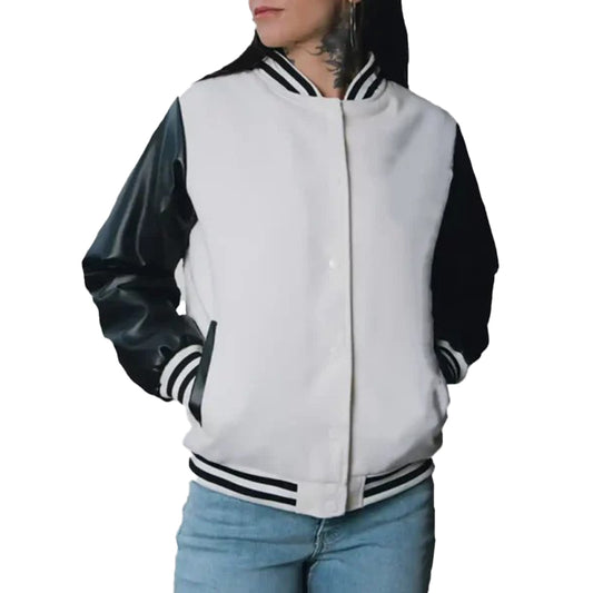 Women’s Black and White Leather Varsity Jacket