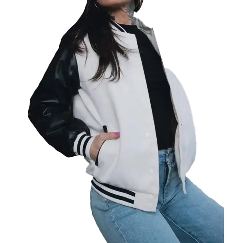 Women’s Black and White Leather Varsity Jacket
