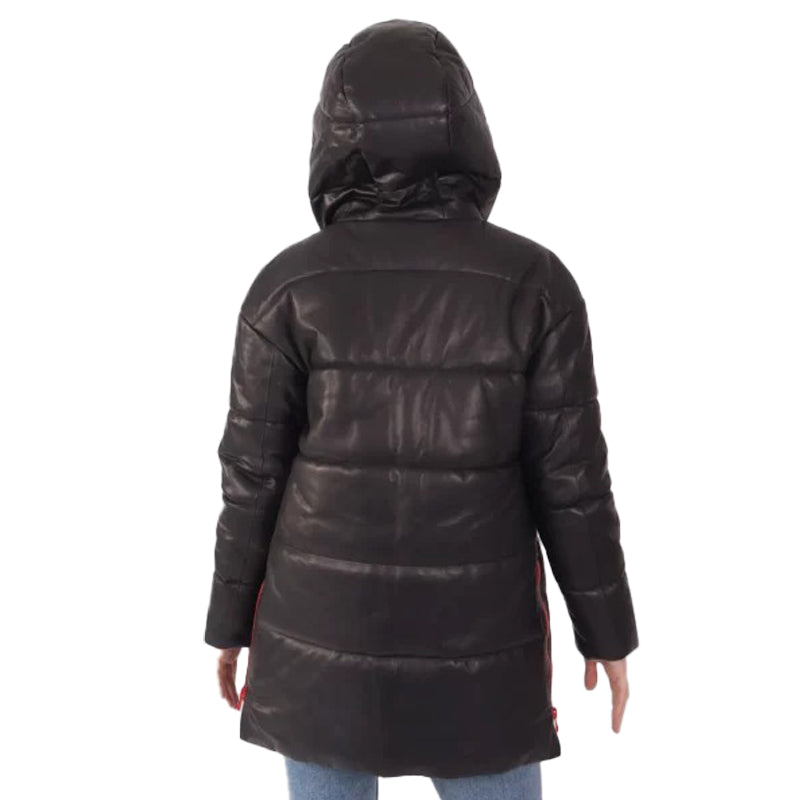 Women’s Black Hooded Leather Puffer Jacket