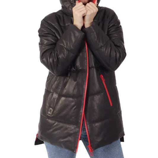 Women’s Black Hooded Leather Puffer Jacket
