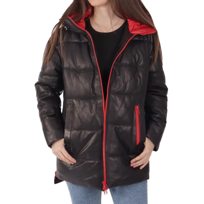 Women’s Black Hooded Leather Puffer Jacket