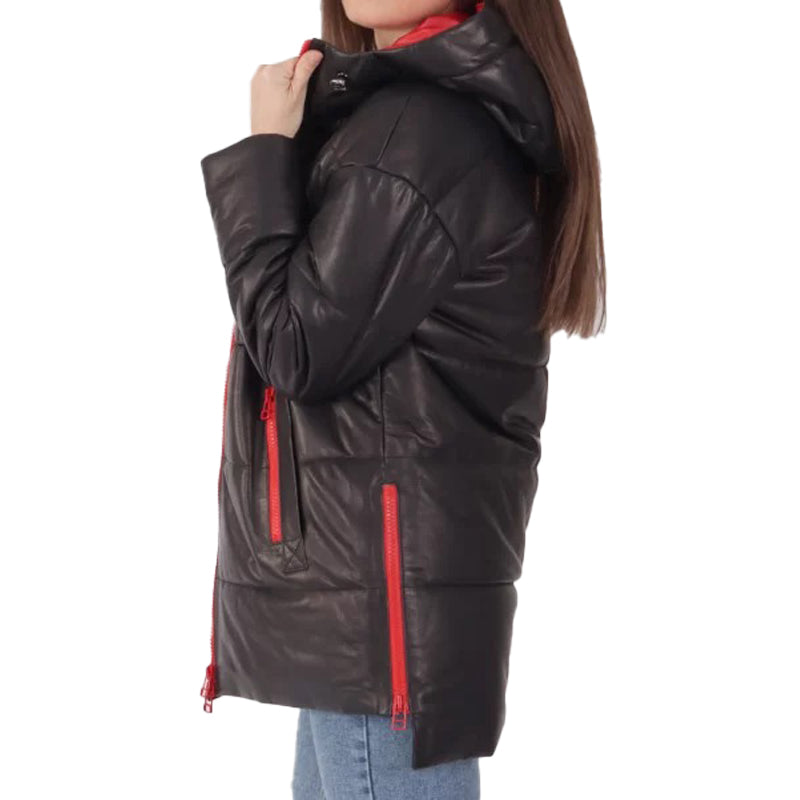 Women’s Black Hooded Leather Puffer Jacket