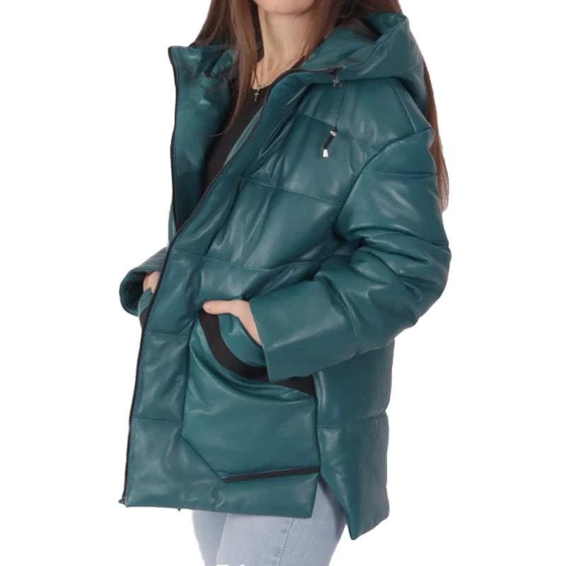 Women’s Blue Hooded Leather Puffer Jacket