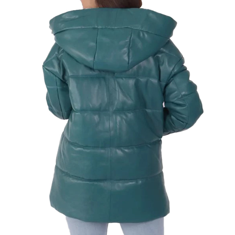 Women’s Blue Hooded Leather Puffer Jacket