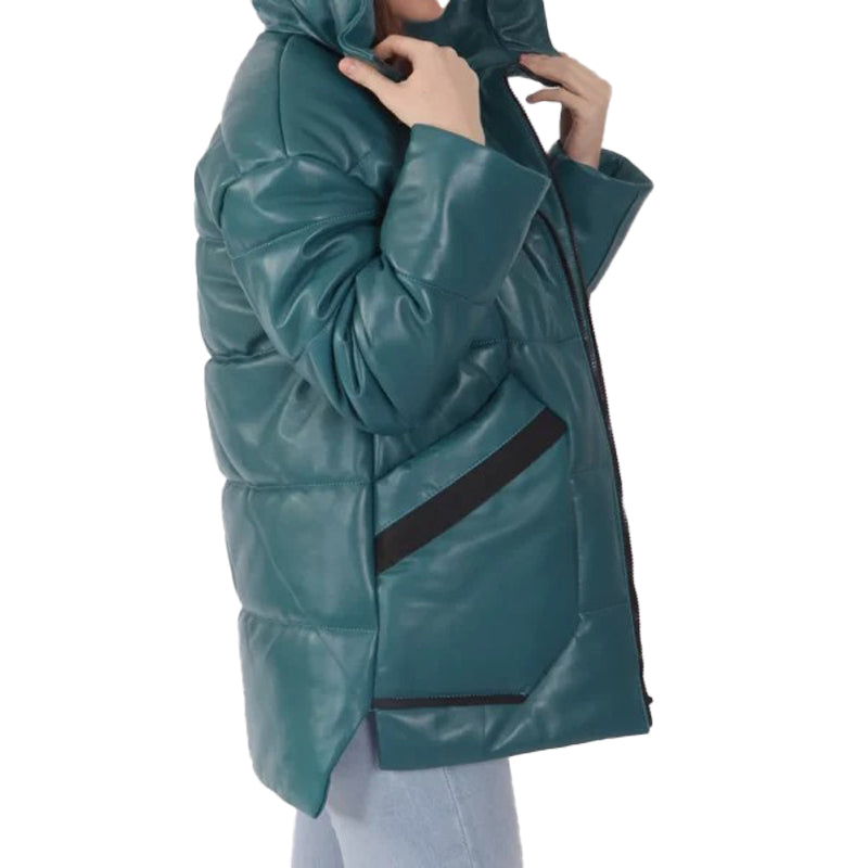 Women’s Blue Hooded Leather Puffer Jacket