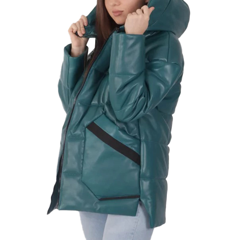 Women’s Blue Hooded Leather Puffer Jacket