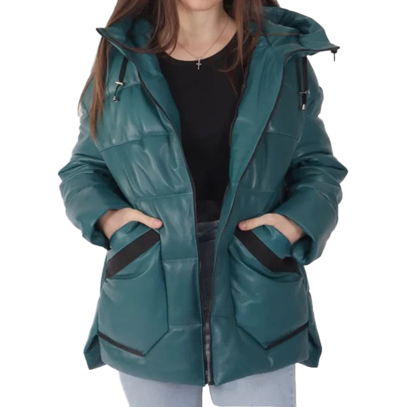 Women's Blue Hooded Leather Puffer Jacket