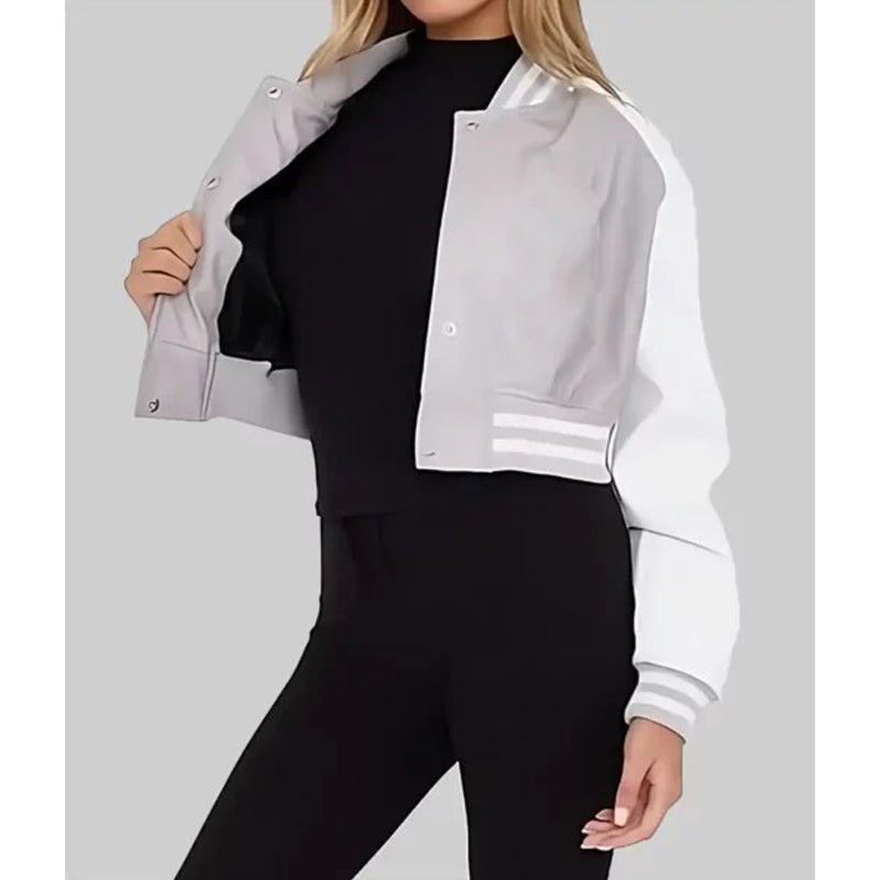 Women’s Grey and White Leather Varsity Jacket