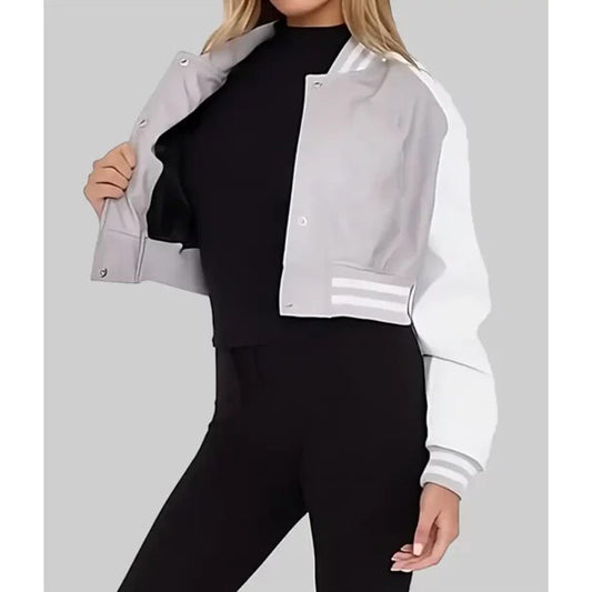 Women’s Grey and White Leather Varsity Jacket