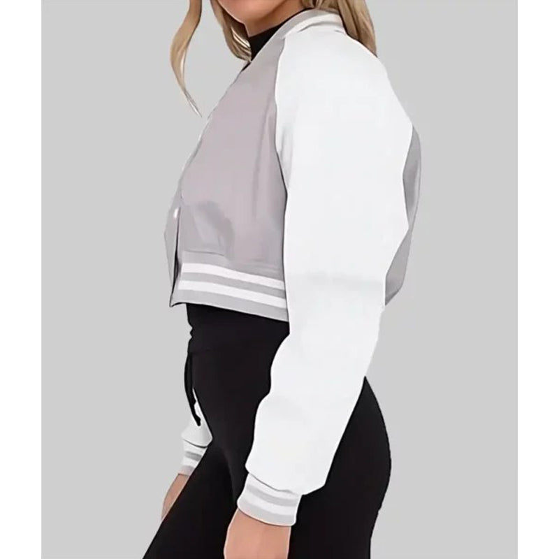 Women’s Grey and White Leather Varsity Jacket