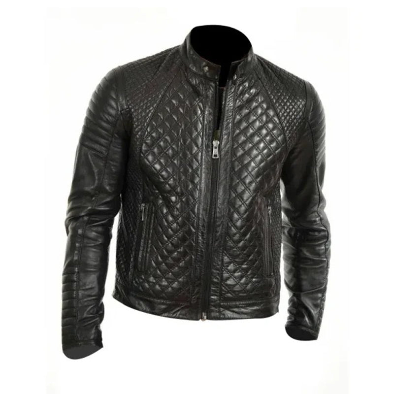 Men Black Quilted Genuine Leather Jacket