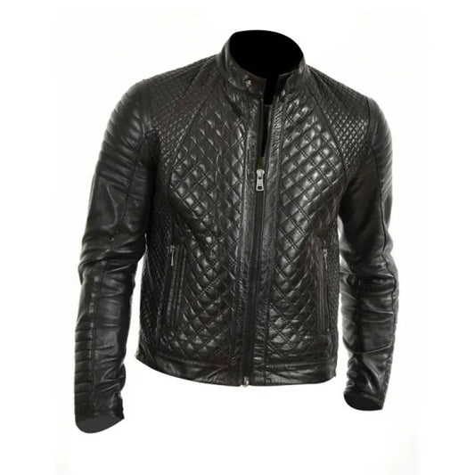 Men Black Quilted Genuine Leather Jacket