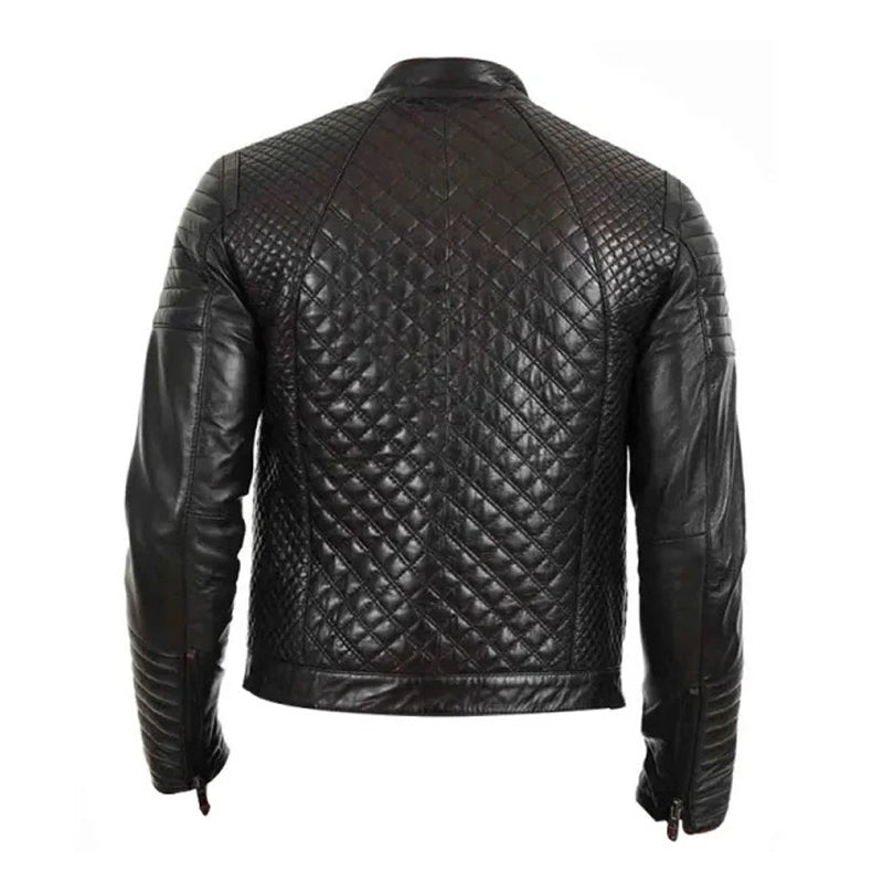 Men Black Quilted Genuine Leather Jacket