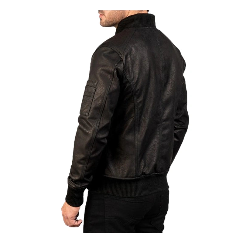 Bomia Ma-1 Distressed Black Leather Bomber Jacket