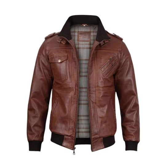Mens Brown Leather Bomber Jacket