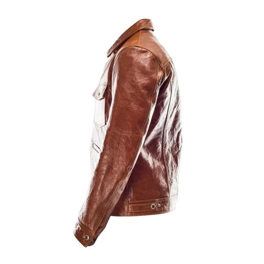 Men Brown Leather Trucker Jacket