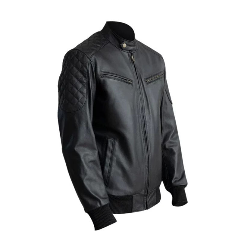 Casual Black Leather Bomber Jacket