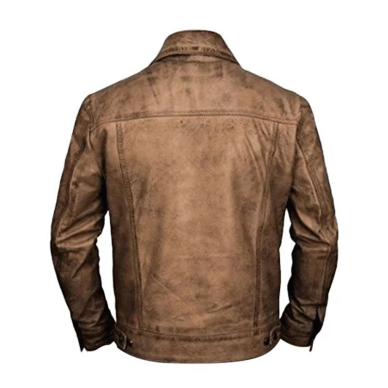 Men Distressed Leather Trucker Jacket