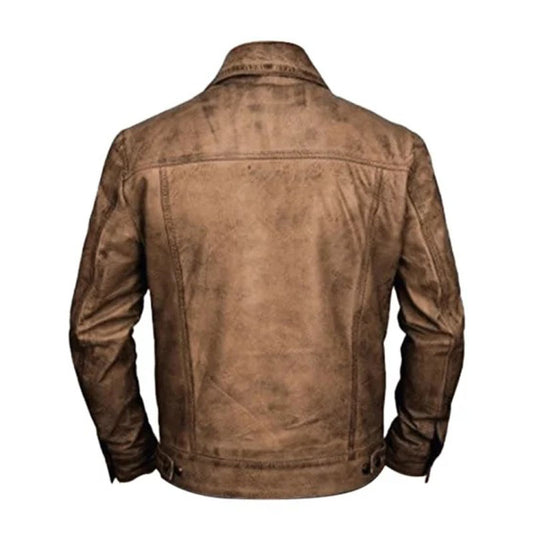 Men Distressed Leather Trucker Jacket