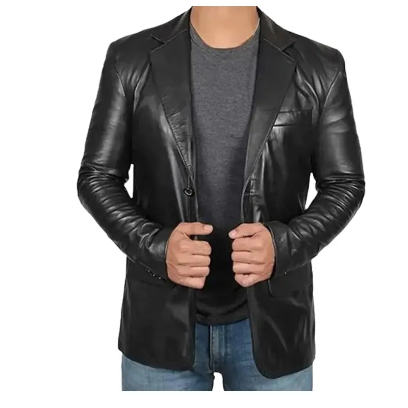 Men Vintage Style Black Leather Blazer