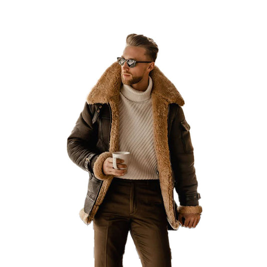 Men’s Brown Shearling Leather Long Jacket Coat