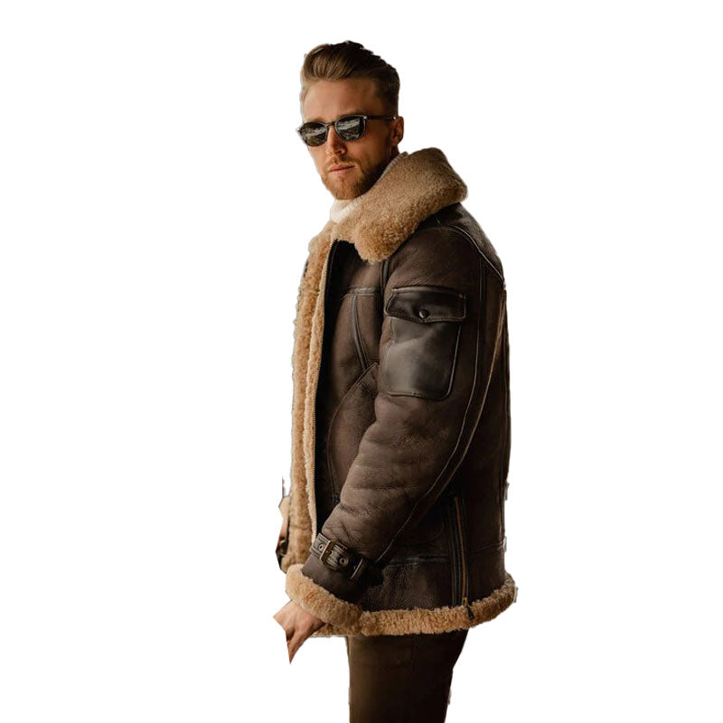 Men’s Brown Shearling Leather Long Jacket Coat
