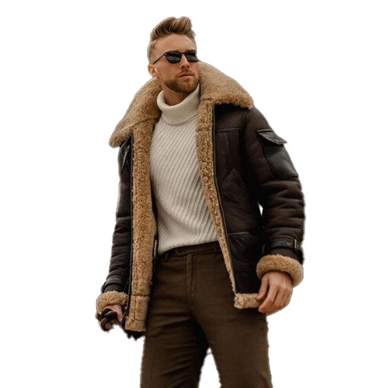 Men's Brown Shearling Leather Long Jacket Coat