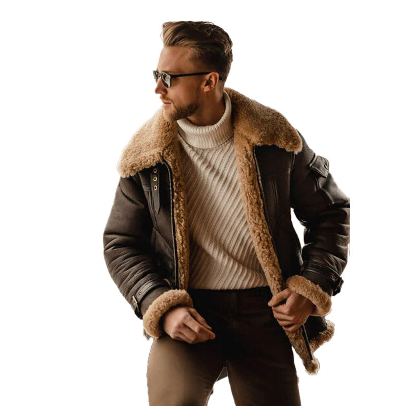 Men’s Brown Shearling Leather Long Jacket Coat