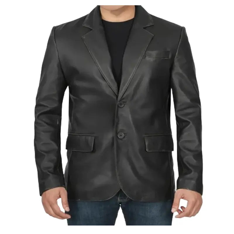 Men’s 2 Buttons Notch Lapel Leather Blazer