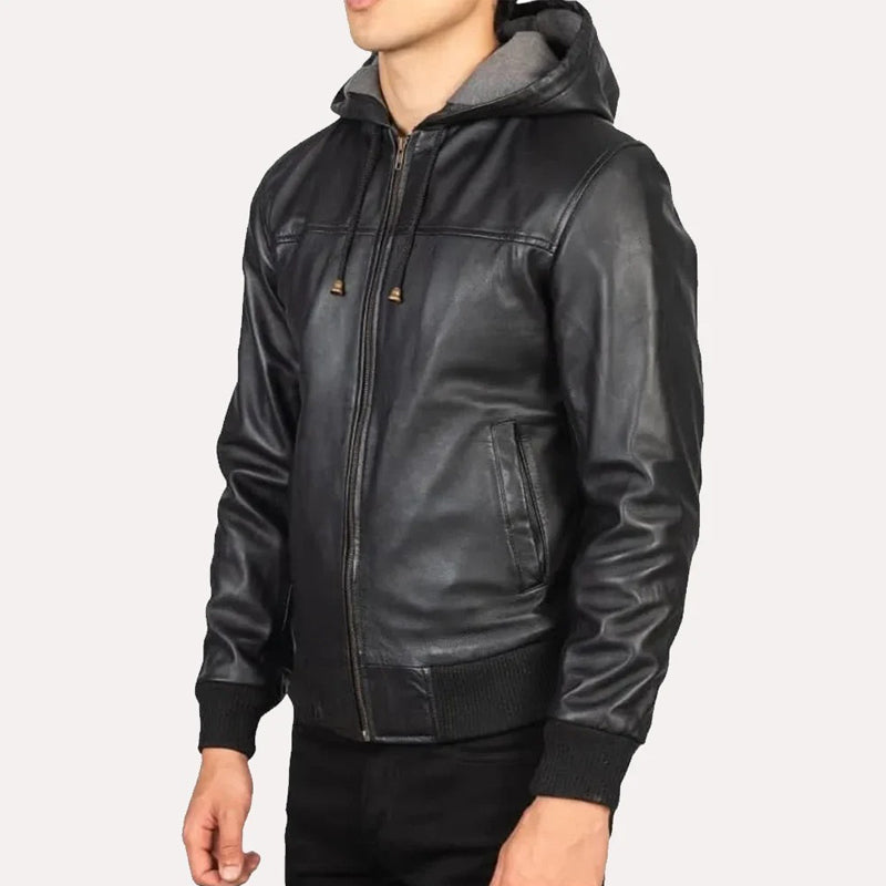 Men’s Black Bomber Hooded Leather Jacket