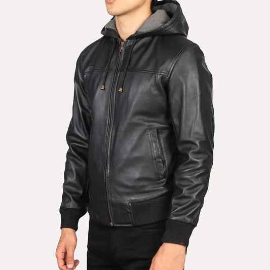 Men’s Black Bomber Hooded Leather Jacket