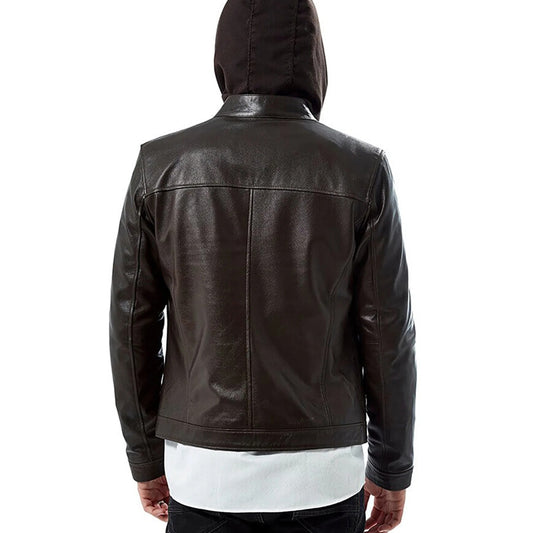 Men’s Real Brown Leather Hooded Jacket
